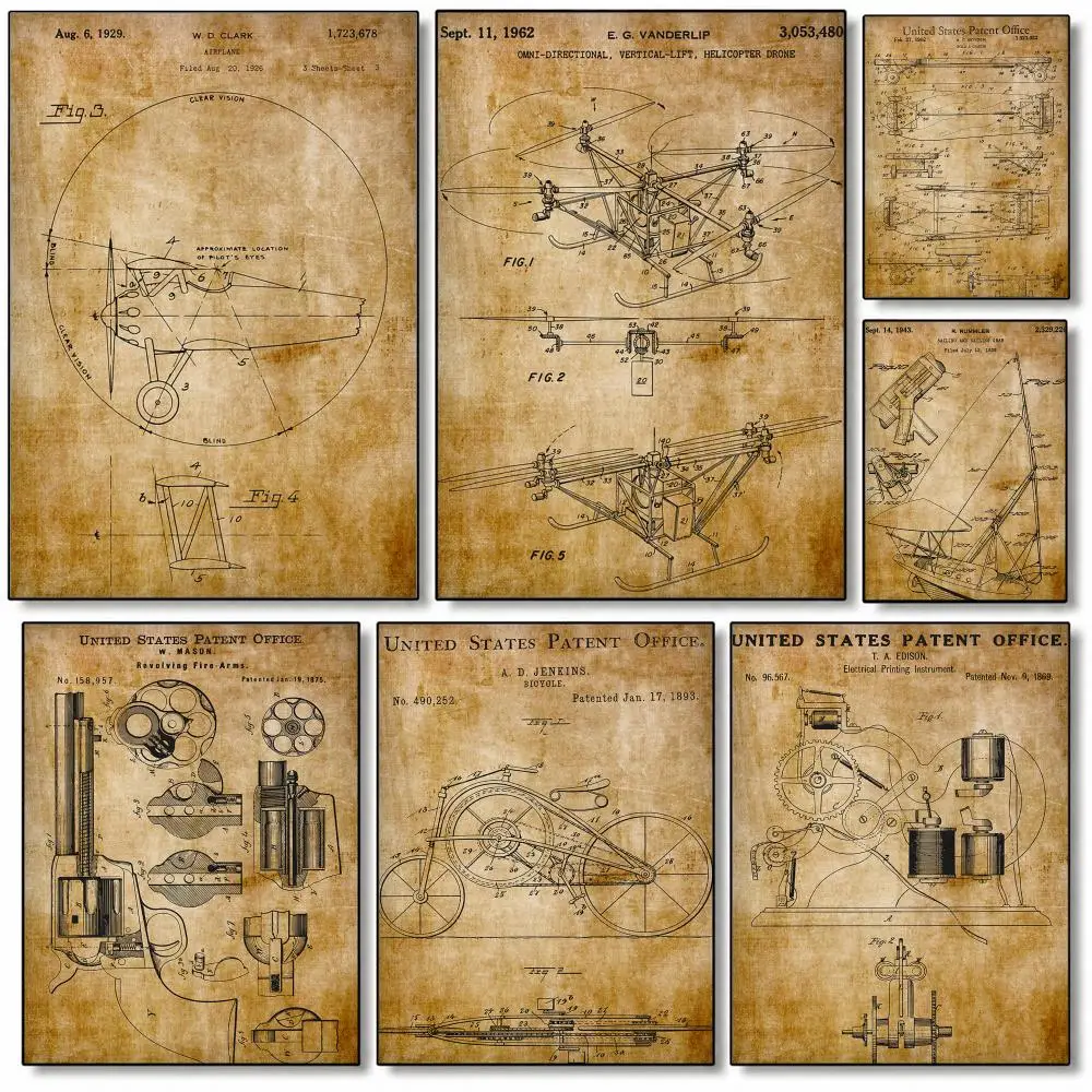 art Vintage Antique  Instrument Patent Shet Poster High Quality Wall Art for Home Bedroom Living Hallway Perfect Gift