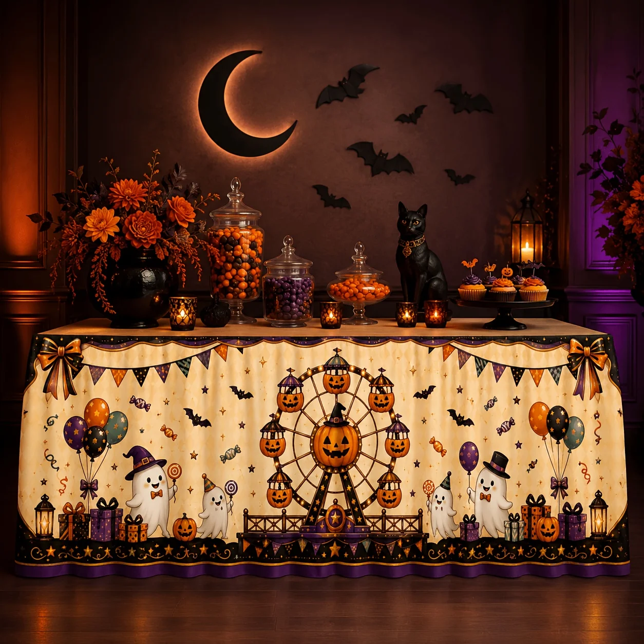 One tablecloth table skirt, polyester, cute Halloween Ferris wheel pumpkin ghost bat balloon gift box, candieszyc