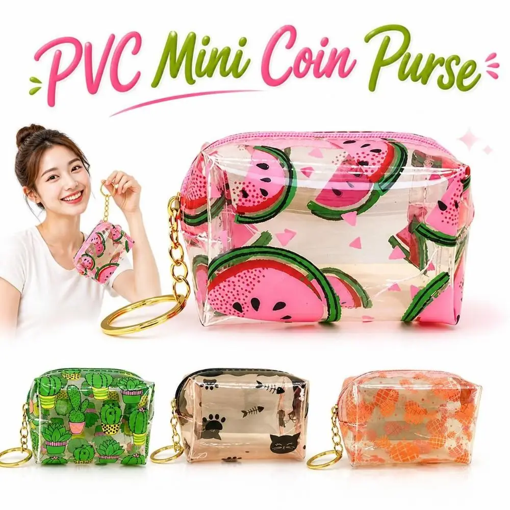 Portable Waterproof PVC Coin Purse Transparent Printed Mini Keychain Pouch Zippered Lightweight Zipper Change Wallet Women