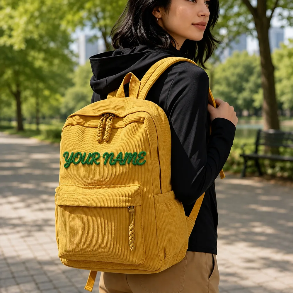 Custom Textured Chenille Rope Embroidered Corduroy Rucksack, Personalized Name Backpack, Thoughtful Keepsake Gift for Teens
