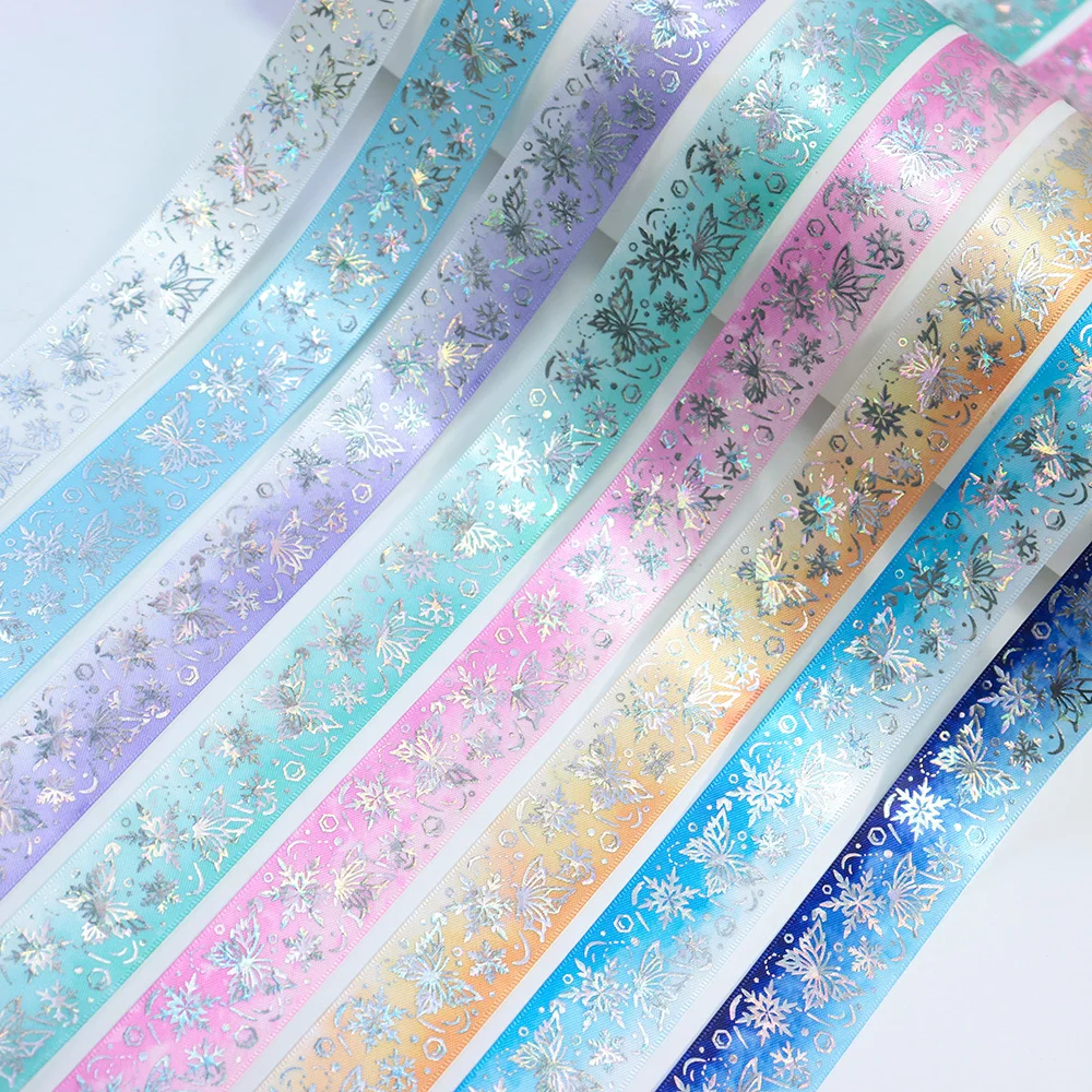 

25mm Silver Snowflake Print Gradient Butterfly Satin Ribbon for Christmas Party Gift Wrapping DIY Hair Bows Sewing Craft Decor