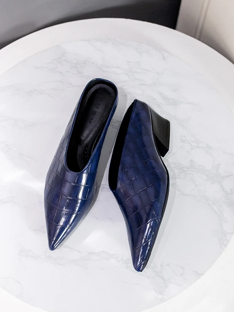 Trendy Summer Pointed Toe High Heel Mule Shoes Women's Leather Slip-On Half Slippers Comfortable Memory Foam Insole Rubber Sole