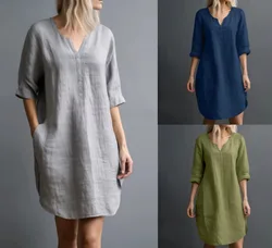 ZANZEA Women Shirt Dress 2024 Summer Vestidos Casual V-Neck 3/4 Sleeve Loose Solid Color Knee-length Sundress Vintage Robe Femme