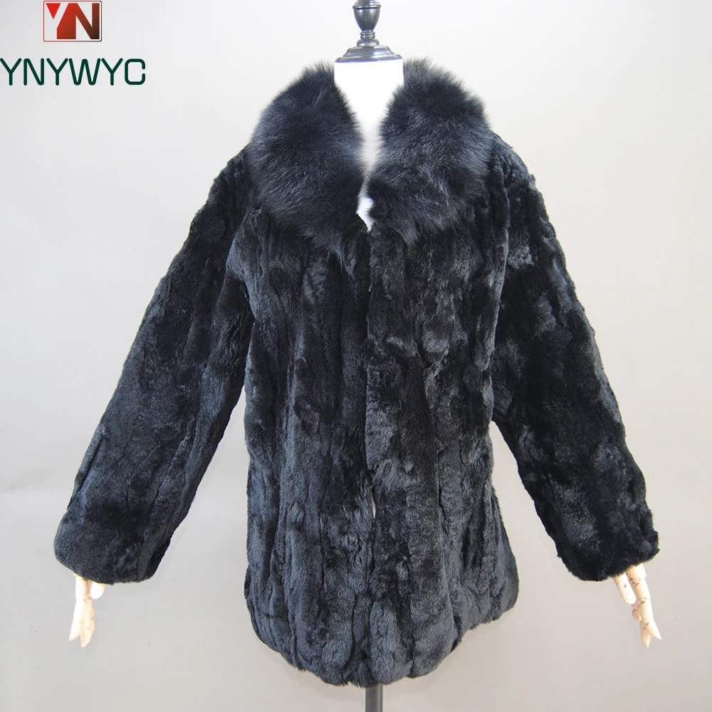 2025 Luxury Women Winter Thick Real Rex Rabbit Fur Coat Lady Warm Quality 100% Genuine Rex Rabbit Fur Jacket With Fox Fur Collar