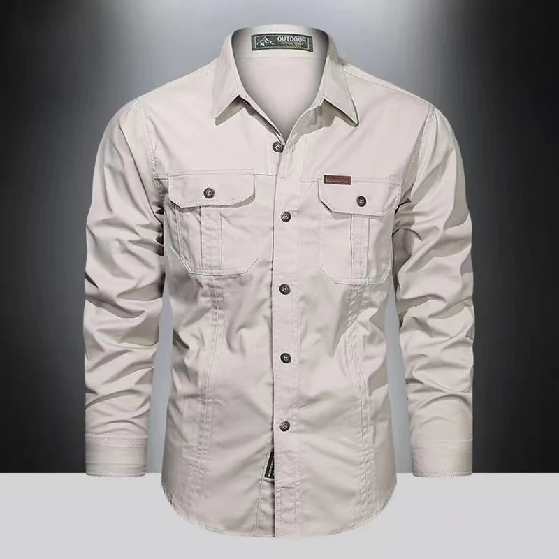 100% Cotton Men's Shirts Solid Color Multi-Pocket High Quality Cargo Shirt Fashion New Outdoor Casual Long Sleeve Shirts for Men