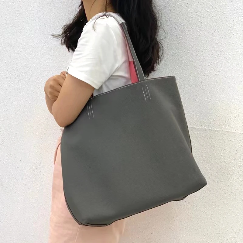 Genuine Leather Tote Bag for Women, Large Capacity Shopping Bag, Head Layer Buckle, Large Capacity, Inside and Outside, Fashion