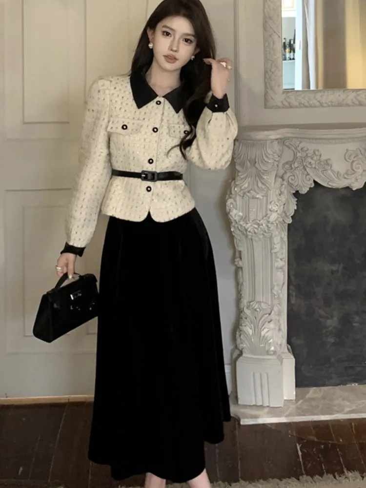 Elegant Two Piece Skirt Set For Women Office Lady Vintage Outfits Fashion Long Sleeve With Belt Jacket Black Velvet Midi Skirts