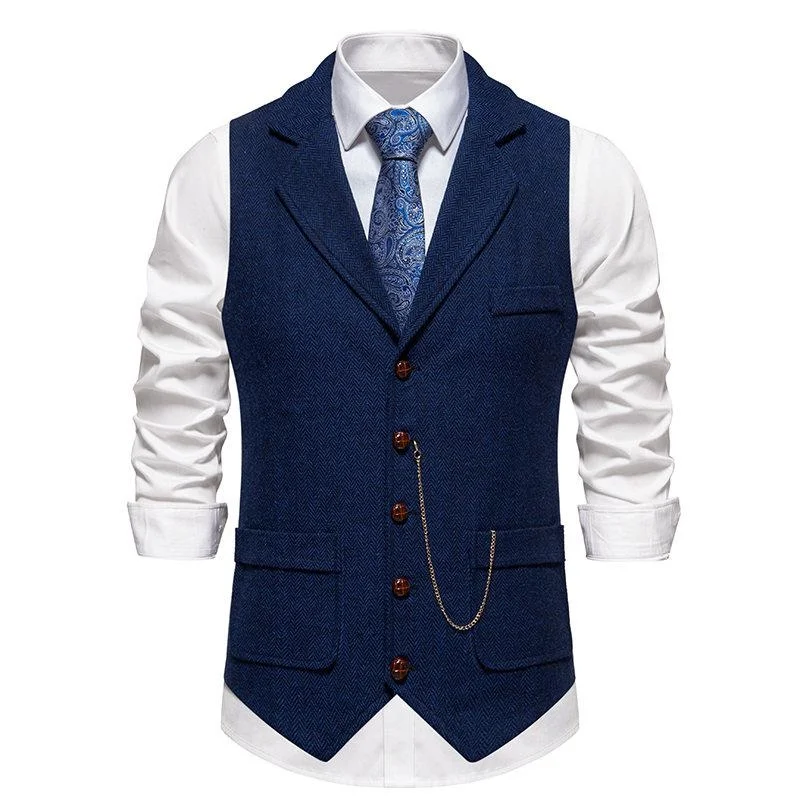 Men’s Herringbone Tweed Suit Vest Turn Down Collar Vest Waistcoat Men Formal Business Chain Vests Chaleco Hombre XXL