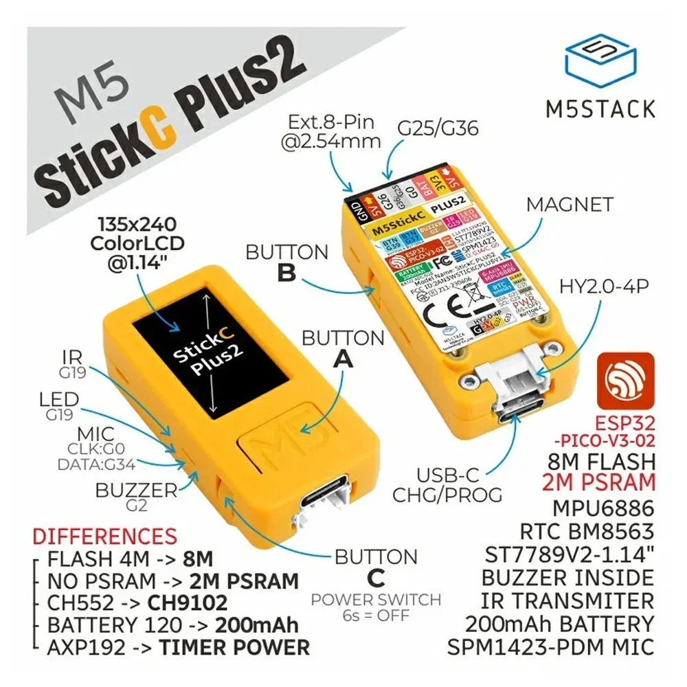 لوحة M5StickC Plus2 ESP32 IoT للمنزل الذكي Arduino، WiFi Bluetooth IR 1.14 بوصة تعمل باللمس PICO-V3-02 Dev Board