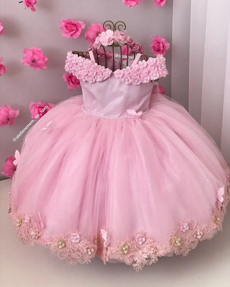 Vestido dorado de flores para niña, para boda, tul con apliques 3D hinchados y perlas, vestido de baile de primera comunión para cumpleaños de princesa para niños