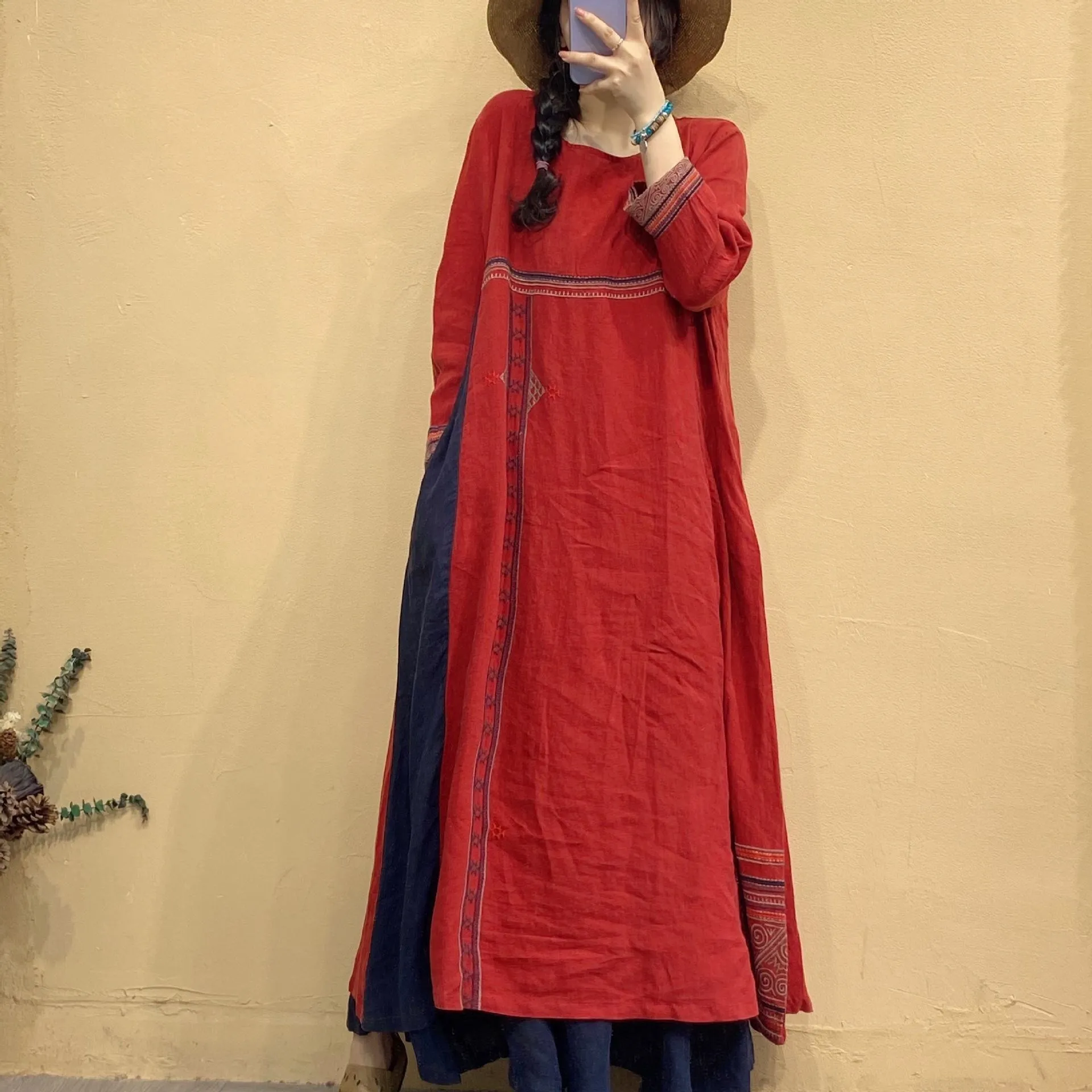 Women Vintage Embroidered Contrast Dress Linen Loose O-Neck Long Sleeve Dresses Spring New Chinese Style Clothes