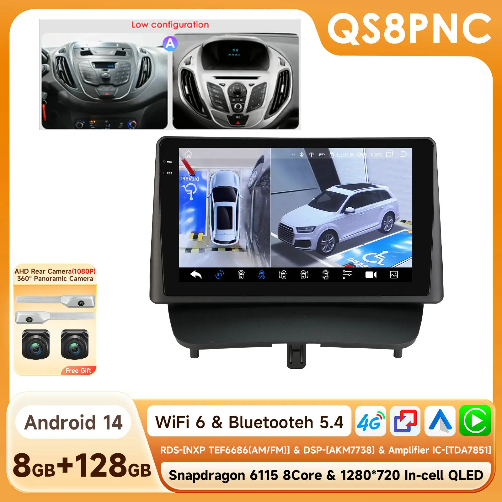 Hizpo 8-Core Android 14 Intelligente autoradio voor Ford Transit/Tourneo Courier 2013-2021 CarPlay 4G BT met Qualcomm Snapdragon 6115 - afbeelding 1