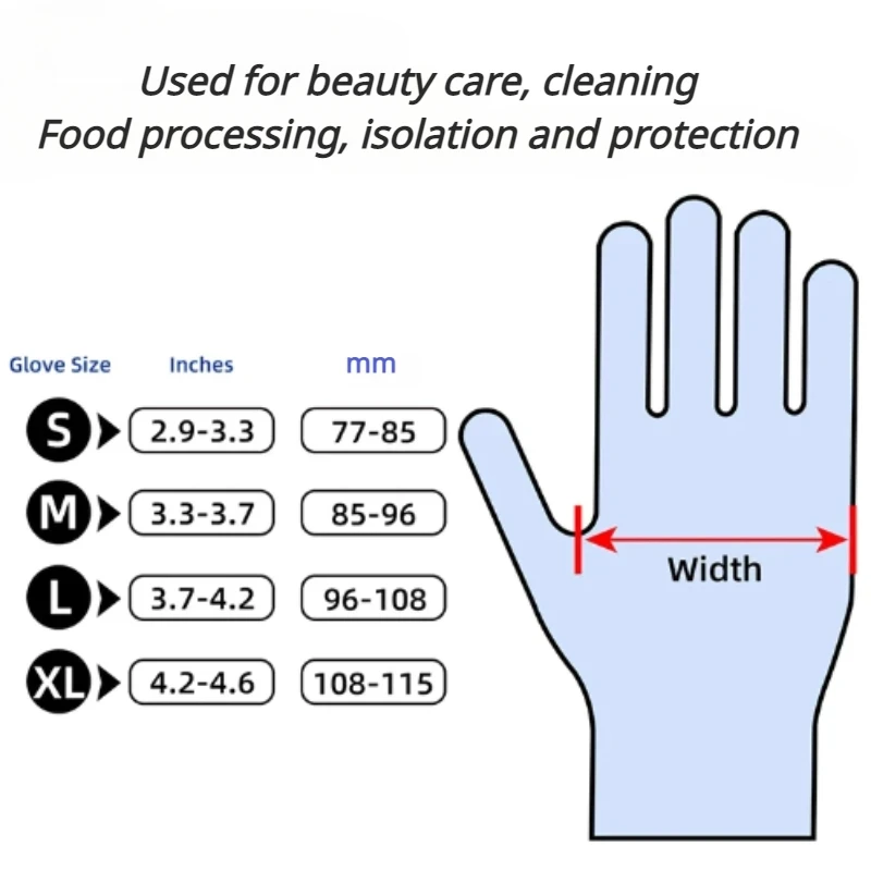 Luvas nitrílicas descartáveis, 100pcs, sem pó, à prova d'água, comestível, para limpeza doméstica, trabalho, ferramenta de segurança