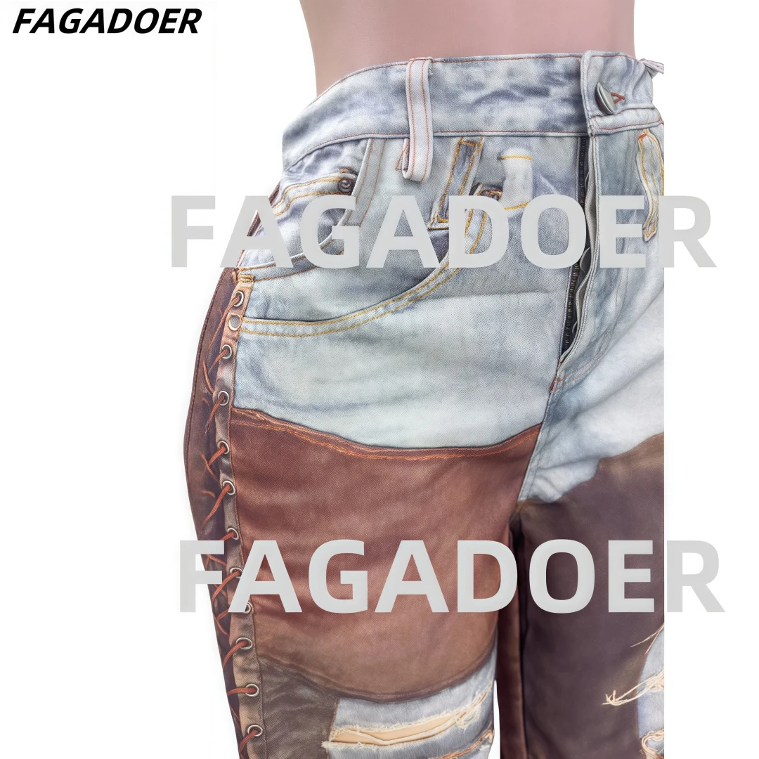 FAGADOER Retro Pants Women Printing Bandage Patchwork Loose Straight Leg Pant Hot Girl Streetwear Bottoms New Not Denim Fabric