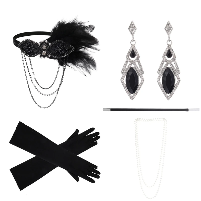 Ensemble d'accessoires de costume évasé des années 1920 pour femmes, boucles d'oreilles, bracelet de sauna en plumes, collier de perles, porte-gants Laguna, 216.239.