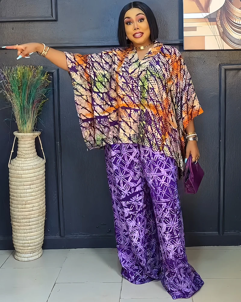 Two 2 Piece Set V-neck Clothes for Women African Print Dresses Vacation Outfits 2025 Tops Pant Sets Dashiki Ankara Turkey Dames