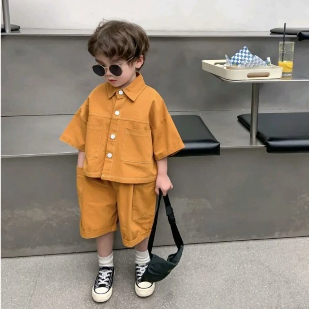 Boys' Sets Button Shirt Shorts Two-piece Summer Suits Solid Korean Version Children's Clothing Handsome Stripe Loose Tops Suits