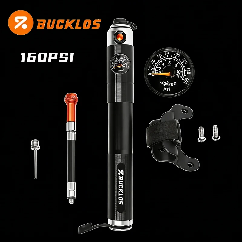 

BUCKLOS Portable Mini Bike Pump 160PSI High Pressure Air Inflator with Gauge Bike Air Pump Multi-functional Road Bicycle Pump