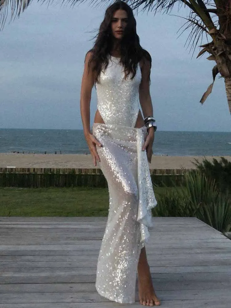 BKQU الترتر مثير انظر من خلال تنورة مجموعات النساء الصيف ملابس الحفلات لامعة أكمام ارتداءها + انقسام التنانير الطويلة الشاطئ 2 قطعة مجموعة