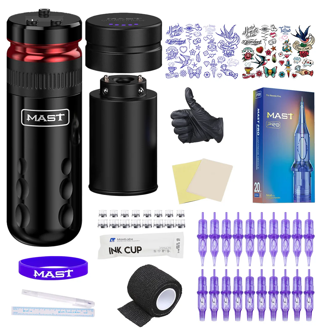 

Mast Racer Tattoo Gun Kit Brushless Motor Pen Machine Mast Pro Cartridges Needles 20Pcs Dual Batteries Complete Set