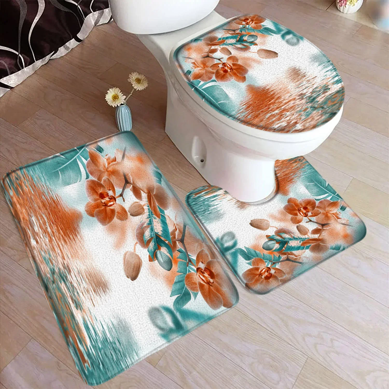 Rustic Flowers Bath Mat Set Yellow Sunflower Butterfly Blue Hydrangea Nature Floral Plant Carpet Bathroom Decor Rug Toilet Cover