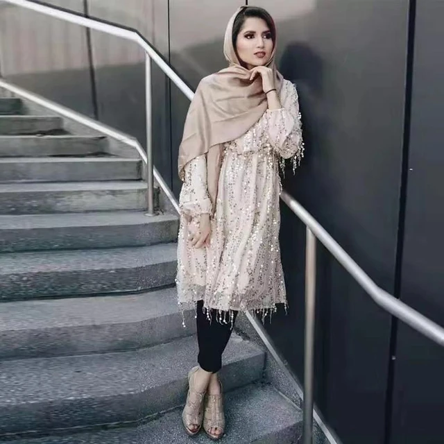 Sequined Fringe Double Layer Sweet Short Dress Cutout Long Top Abaya Dubai Muslim Dress Luxury High Class Muslim Women Clothing AliExpress