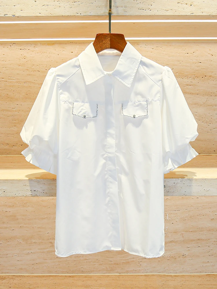 

Нежная молодежная блузка с бусинами и рюшами, женский топ для повседневной носки, короткий рукав, высокое качество, европейский стиль