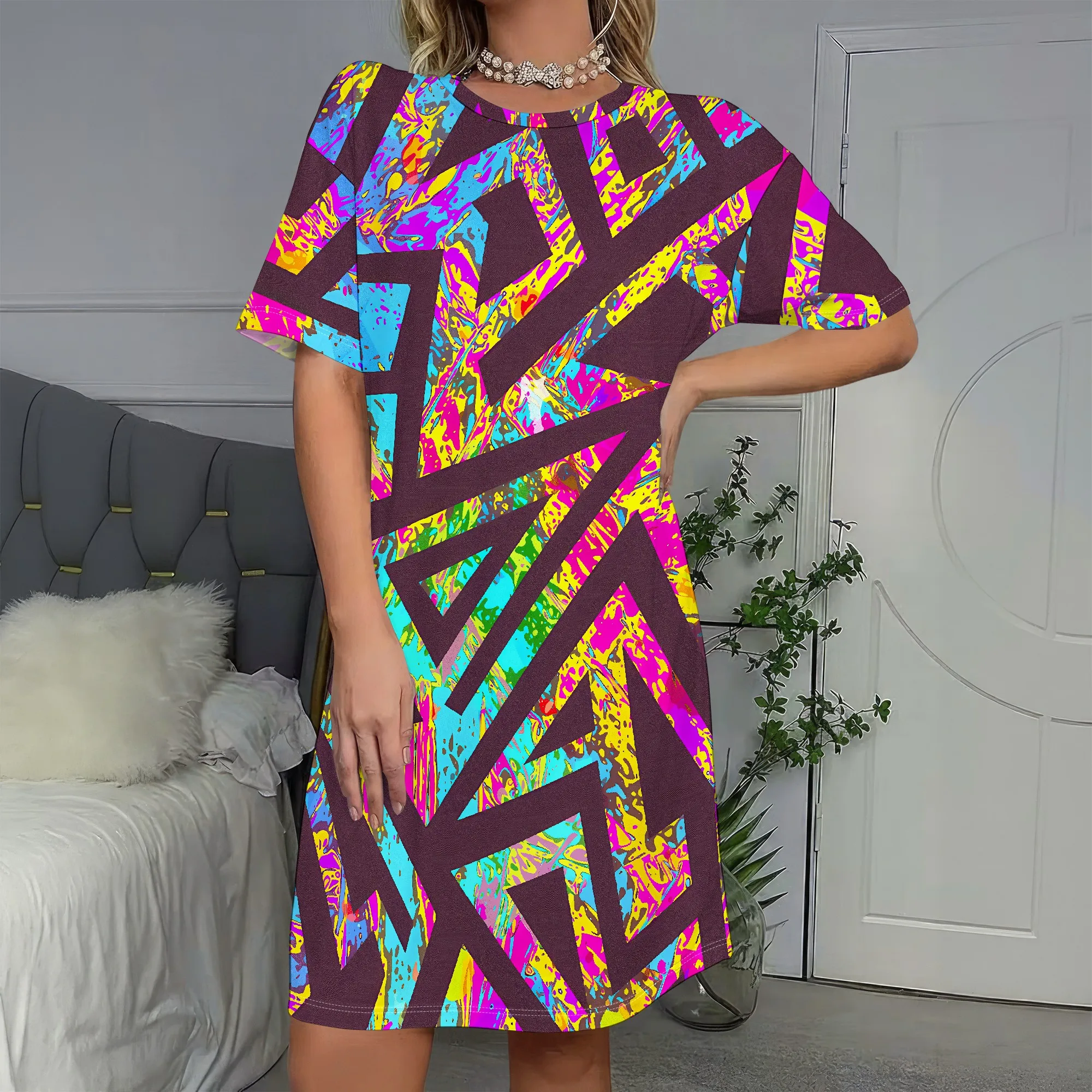 

Neon Graffiti Print Dress, Abstract Art T-Shirt Dress, Colorful Geometric Pattern Mini Dress, Casual Streetwear for Women, S-2XL