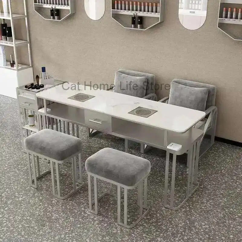 

Professional Nail Table With Vacuum Cleaner Marble Dressing Beautician Manicure Designer Simple Cheap Glass Top Pliable Desk Fan