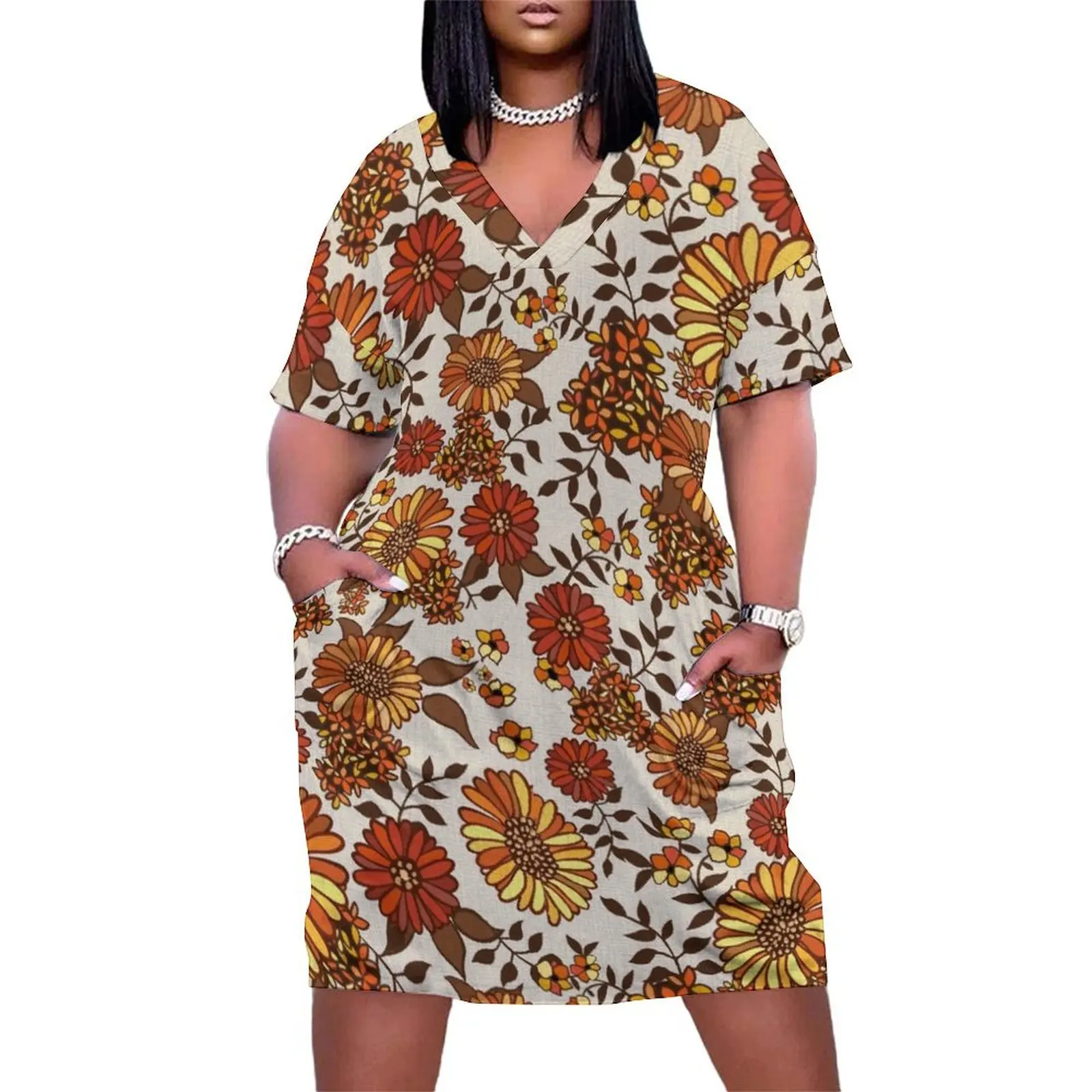 

Retro 70s boho hippie flower power Loose Pocket Dress dresses for womens 2025 women's evening dress 2025 loose women's dress