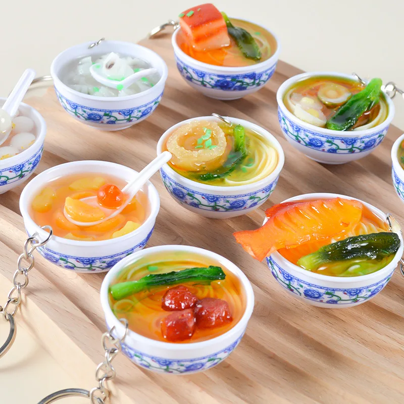 1pcs Creative Artificial Food 4cm Blue and White Porcelain Bowl Noodles Pendant Keychain Model Fun Cute Bag Small Pendant