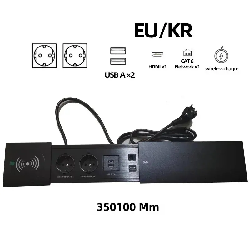 Enchufe oculto de mesa integrado, 2 3 salidas con 2 USB RJ45 CAT6, carga inalámbrica EU KR, enchufe múltiple 10A 110 ~ 250V 2600W, enchufe negro