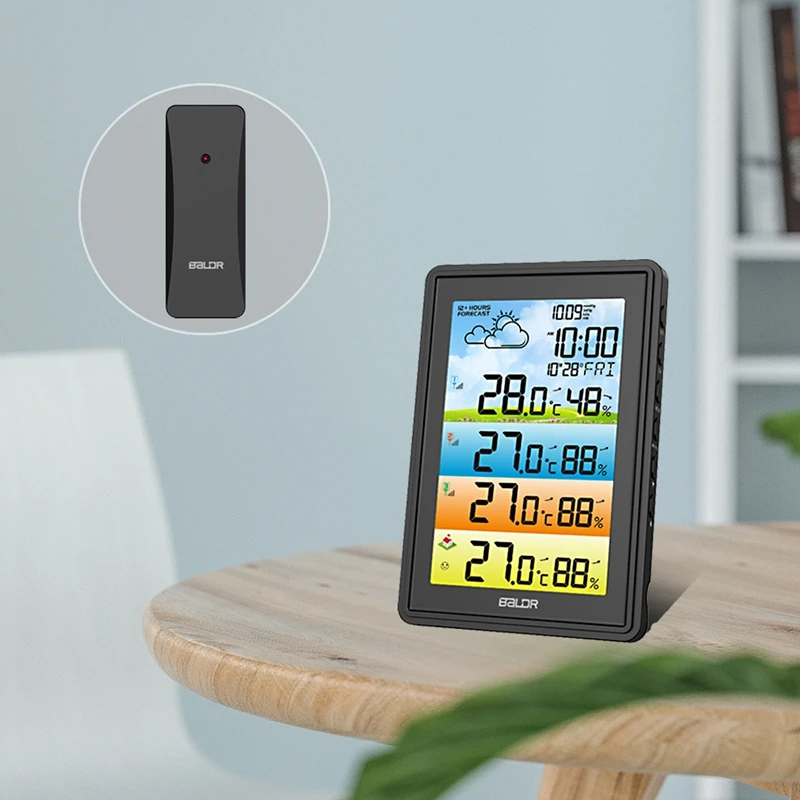 Colorful LCD Weather Station Wireless Digital Humidity Temperature Monitor Moon Phase Alarm Clock Barometer Forecast 3 Sensors