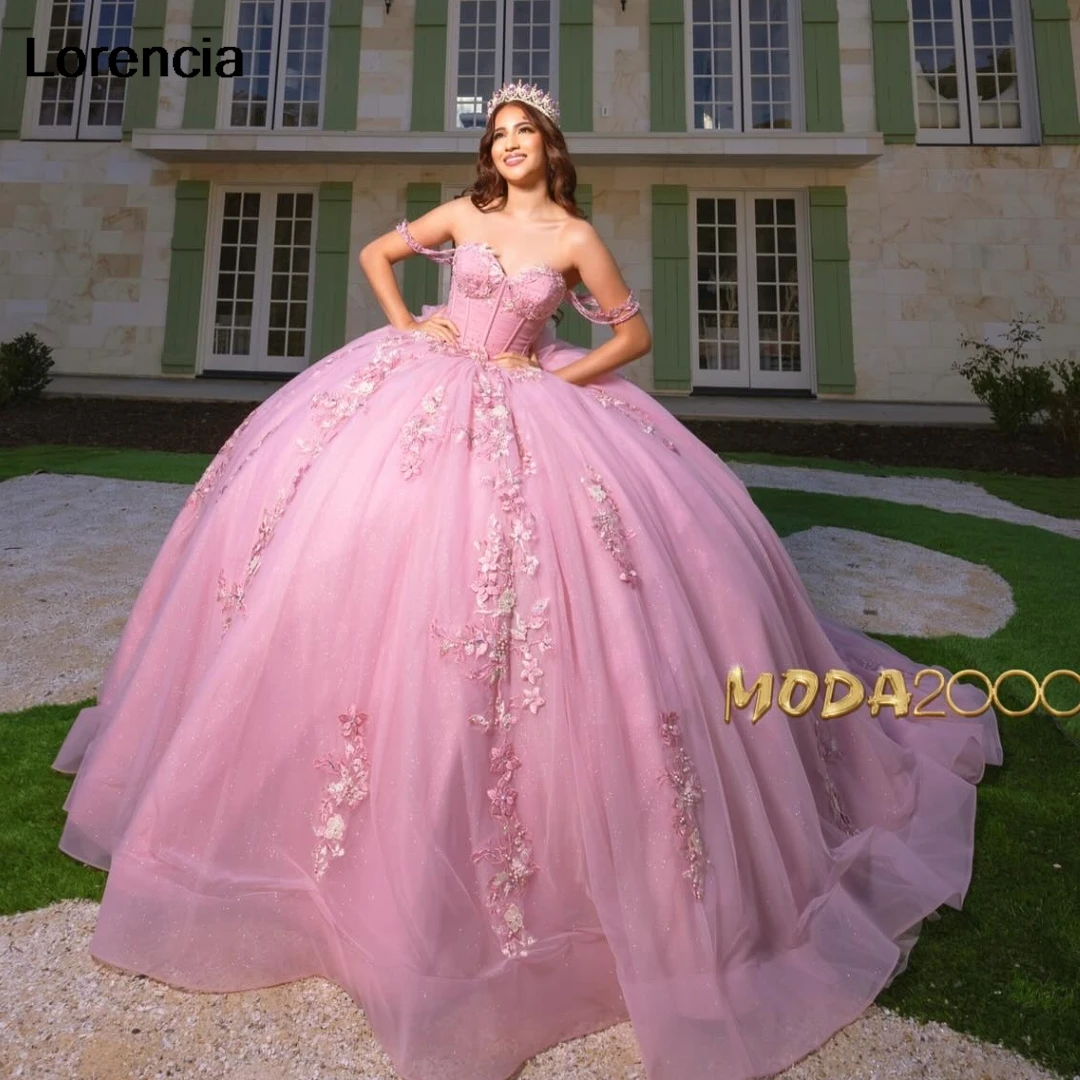 Vestido rosa Lorencia de baile com aplique de renda brilhante, espartilho frisado, vestido doce 16 anos, quinceanera mexicana e quente, YQD899