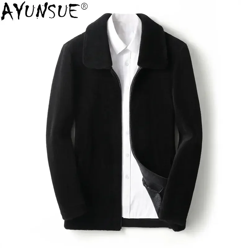 

AYUNSUE Winter Men Jacket Sheep Shearing s for Casual 100% Wool Fur Coat Lapel Coats Middle-aged Male