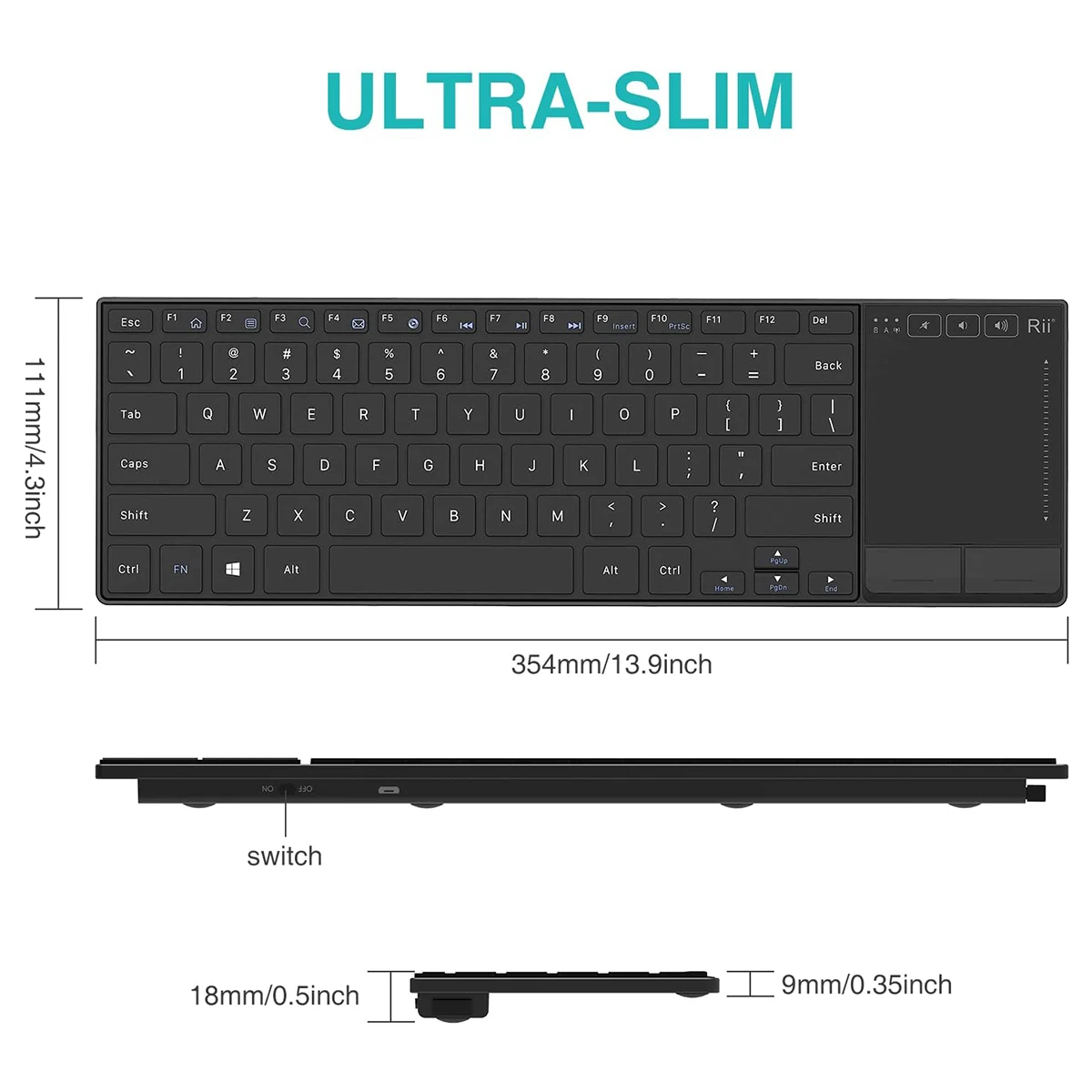 Rii-miniteclado inalámbrico K22S con Bluetooth, teclado recargable con panel táctil multitáctil, Compatible con PC, Mac, portátil y Windows