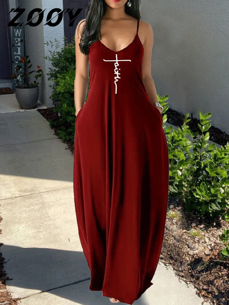 

XXS-6XL Plus Size Suspender Dress for Women Casual Fashion Minimalist Letter Print Red Sleeveless Long Skirt Floor Skirt ZOOY