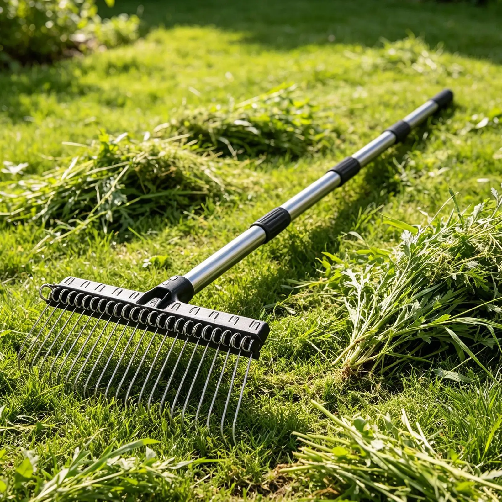 Garden Leaves Rake 38.58-63In Adjustable Lengths Lawn Rake Wide Steel Tines Courtyard Coverings Metal Rake For Grass Leaves