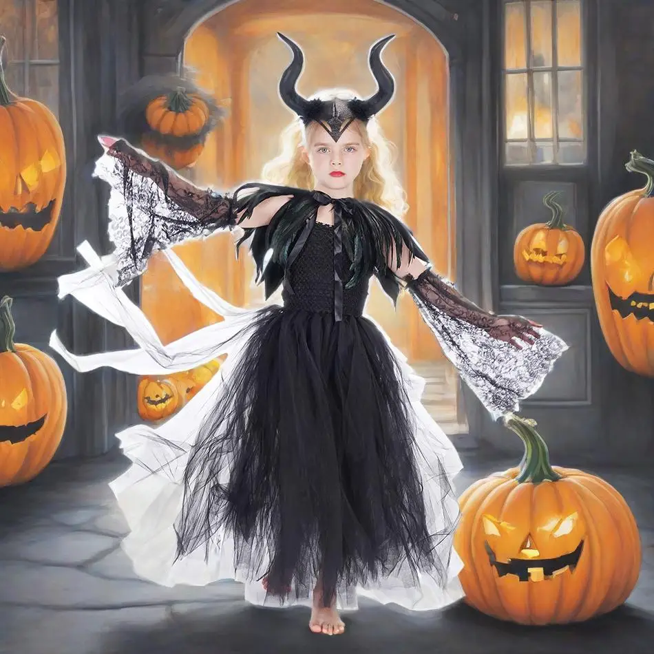 Carnival Costume Maleficent Tutu Girls Cosplay Evil Queen Black Mesh Princess Dress Children Raven Wand Demonic Witch Accessory