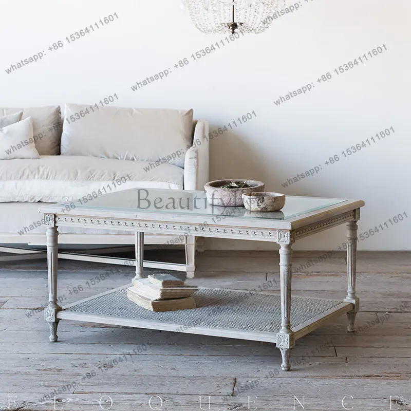 XX. French solid wood old carved coffee table American rural retro rattan art glass tea table