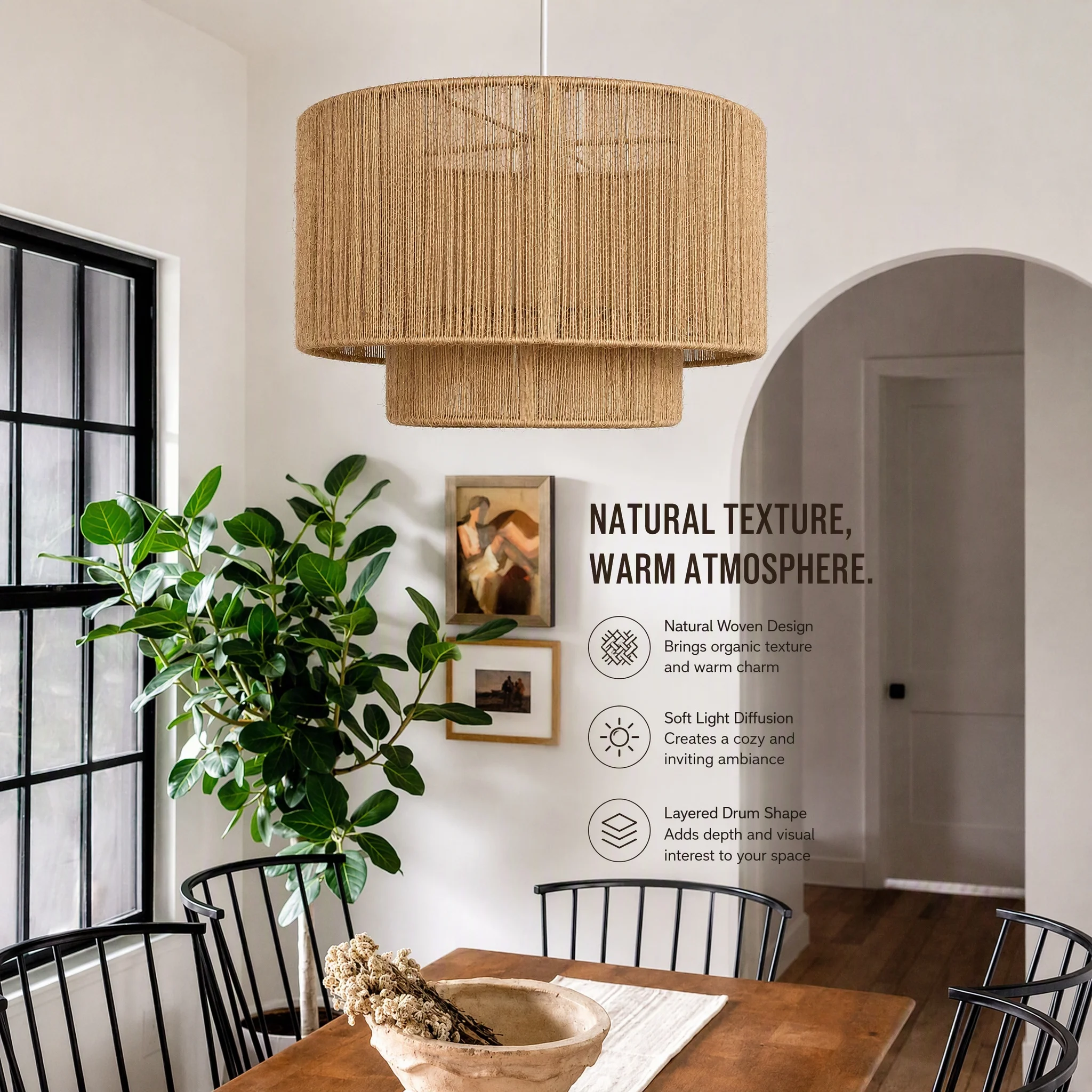 JOYINLED Rattan Chandelier Boho Jute Rope Pendant Light Hand Woven Drum Shade Hand Woven Natural Jute, Double Layer Drum Design