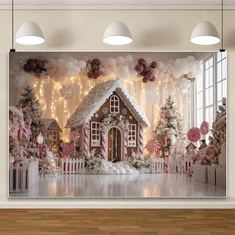 Sweet Christmas Gingerbread House Backdrop Candy Cane Balloon For Kids Family Photo Studio Holiday Party Photography Background