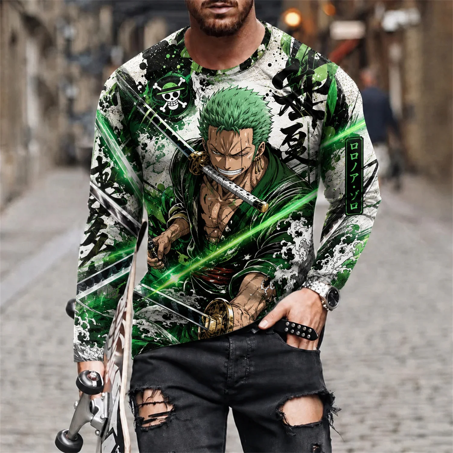 One Piece Luffy Anime T-Shirt Herren Streetwear Casual Herbst Frühling Cosplay Langarm Unterziehshirt Oberteil T-Shirts FamilyMatching – Detail 5