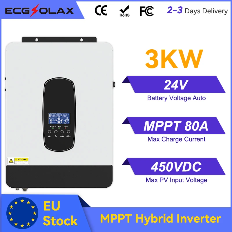 ECGSOLAX 3KW Hybrid Solar Inverter Off-Grid Pure Sine Inverter 24V 220V Built in 80A MPPT Solar Charge Controller WIFI