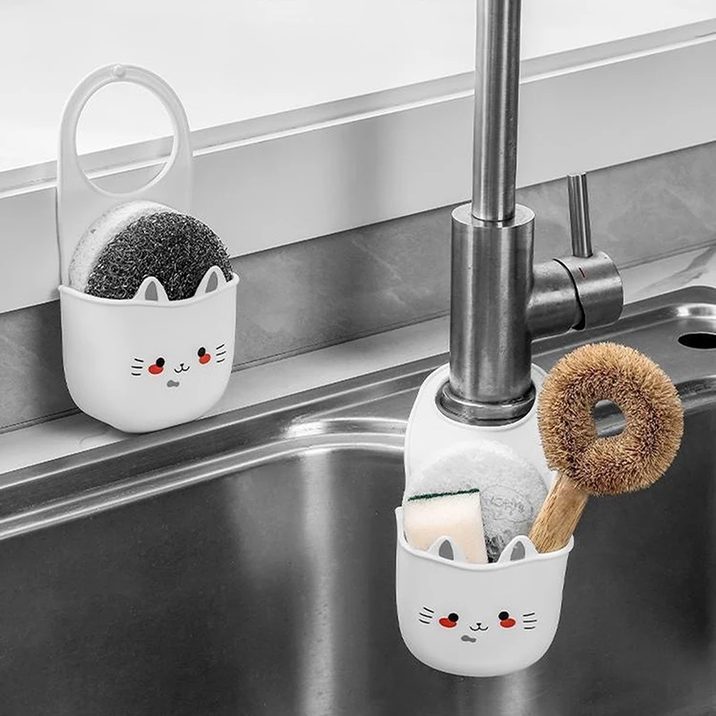 White Cartoon Cat Hanging Basket Soft Snap Fastener Faucet Sponge Holder Silicone Sink Hanging Storage Bag Faucet Accessories