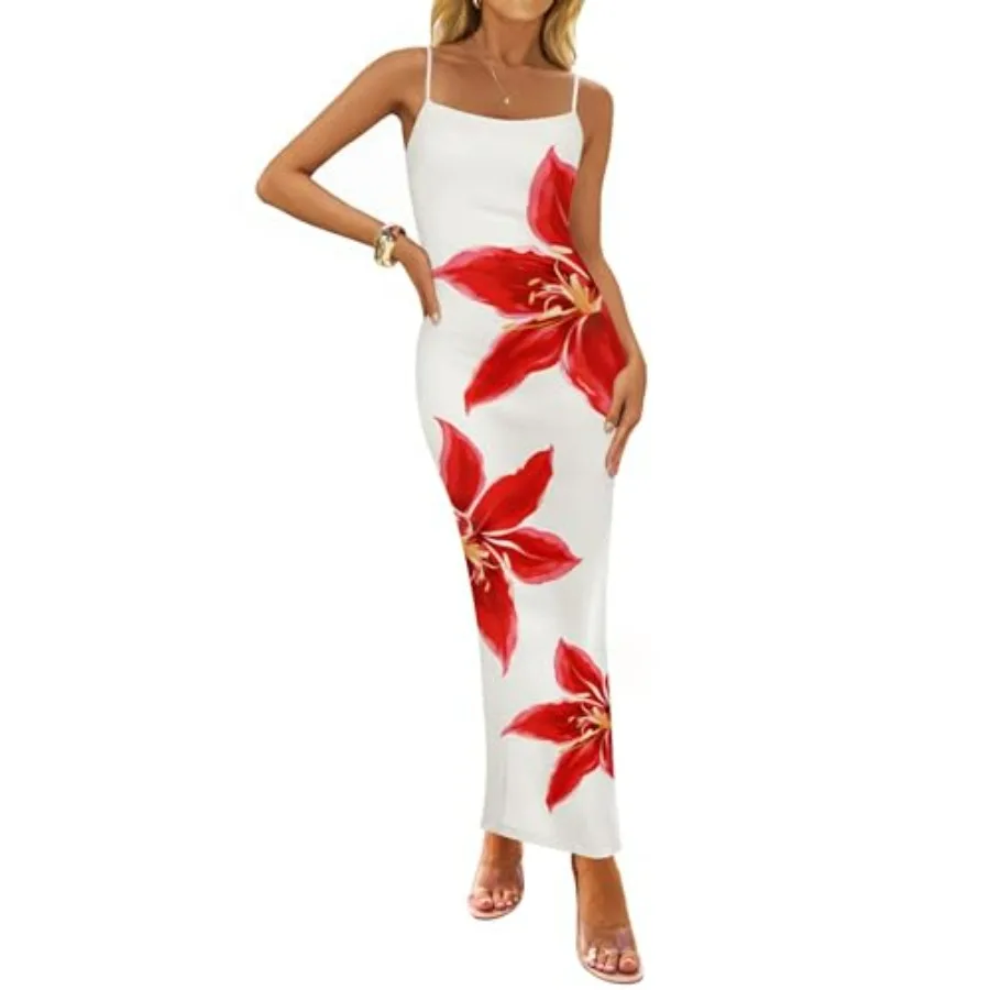 

ZESICA Women's Summer Bodycon Maxi Dresses 2026 Floral Spaghetti Strap Square Neck Sleeveless Boho Beach Long Dresses
