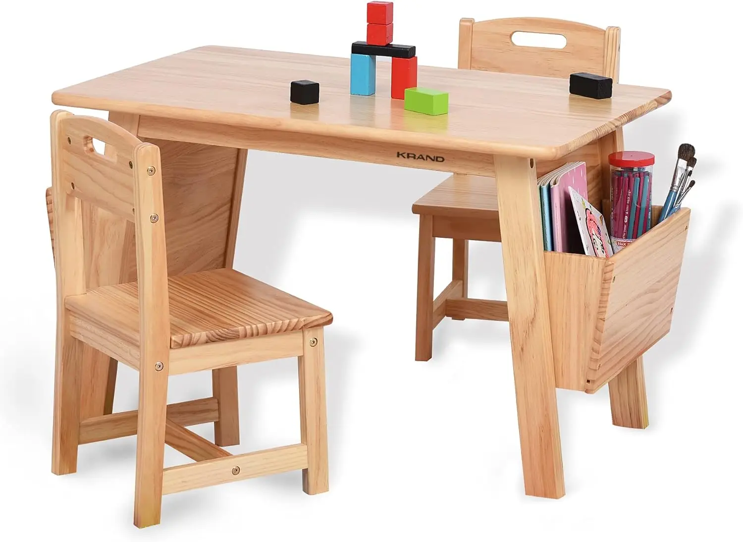 Massief houten kindertafel en 2-stoelenset met opbergbureau en stoelenset voor kinderen, peuteractiviteitentafel (massief hout/natuur)