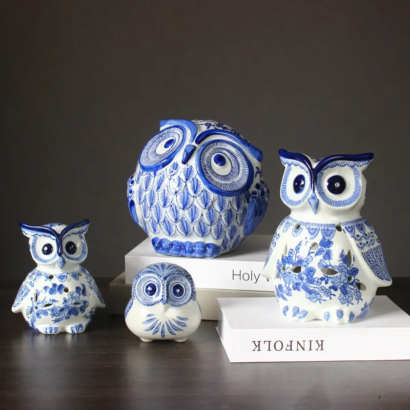 Jingdezhen Blue Porcelain Ceramic Artwork Home Decoration Owl Figurine Office Desk Wealth Attracting Ornament New Housewarming