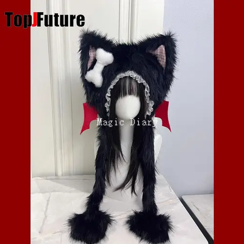 Imagen 2 del producto Gorro con alas de Ángel y diablo con orejas de gato Punk para mujer, gorro gótico bonito de Lolita Y2k, orejeras cálidas para niñas, gorro más cálido para invierno
