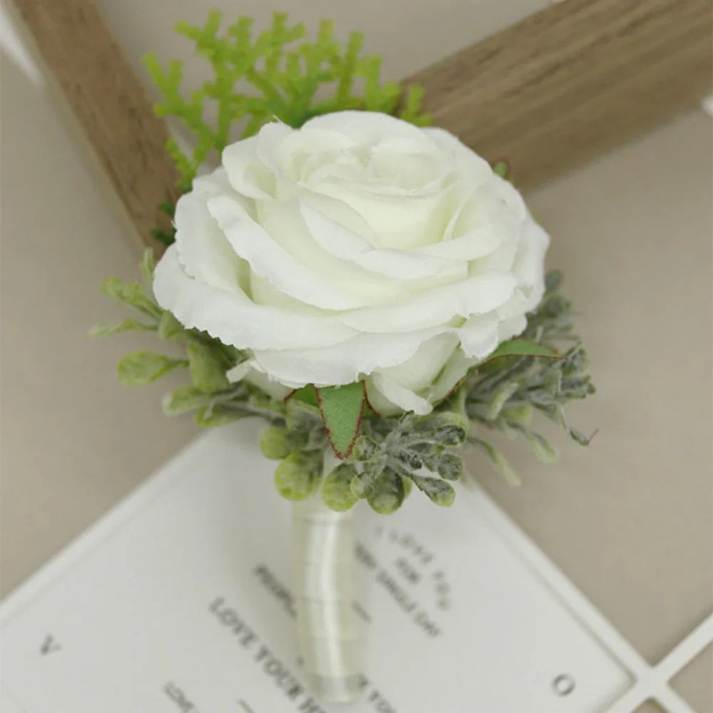 White Silk Rose Boutonnieres casamento para homens, flores artificiais, dama de honra Corsage, Wrist Bridal Pins, acessórios nupciais